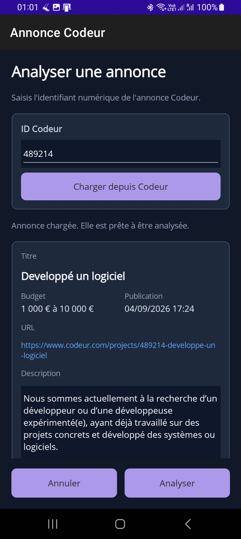 Chargement manuel d’une annonce Codeur par identifiant sur Android