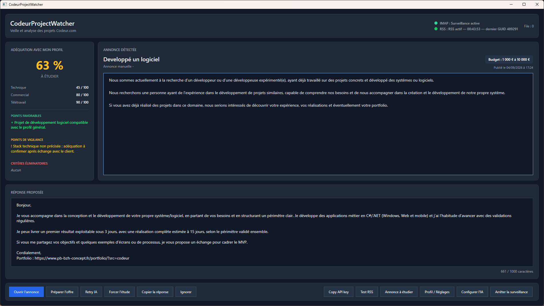 Fenêtre principale de CodeurProjectWatcher sous Windows