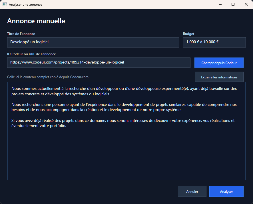 Analyse manuelle d’une annonce Codeur dans l’application WPF