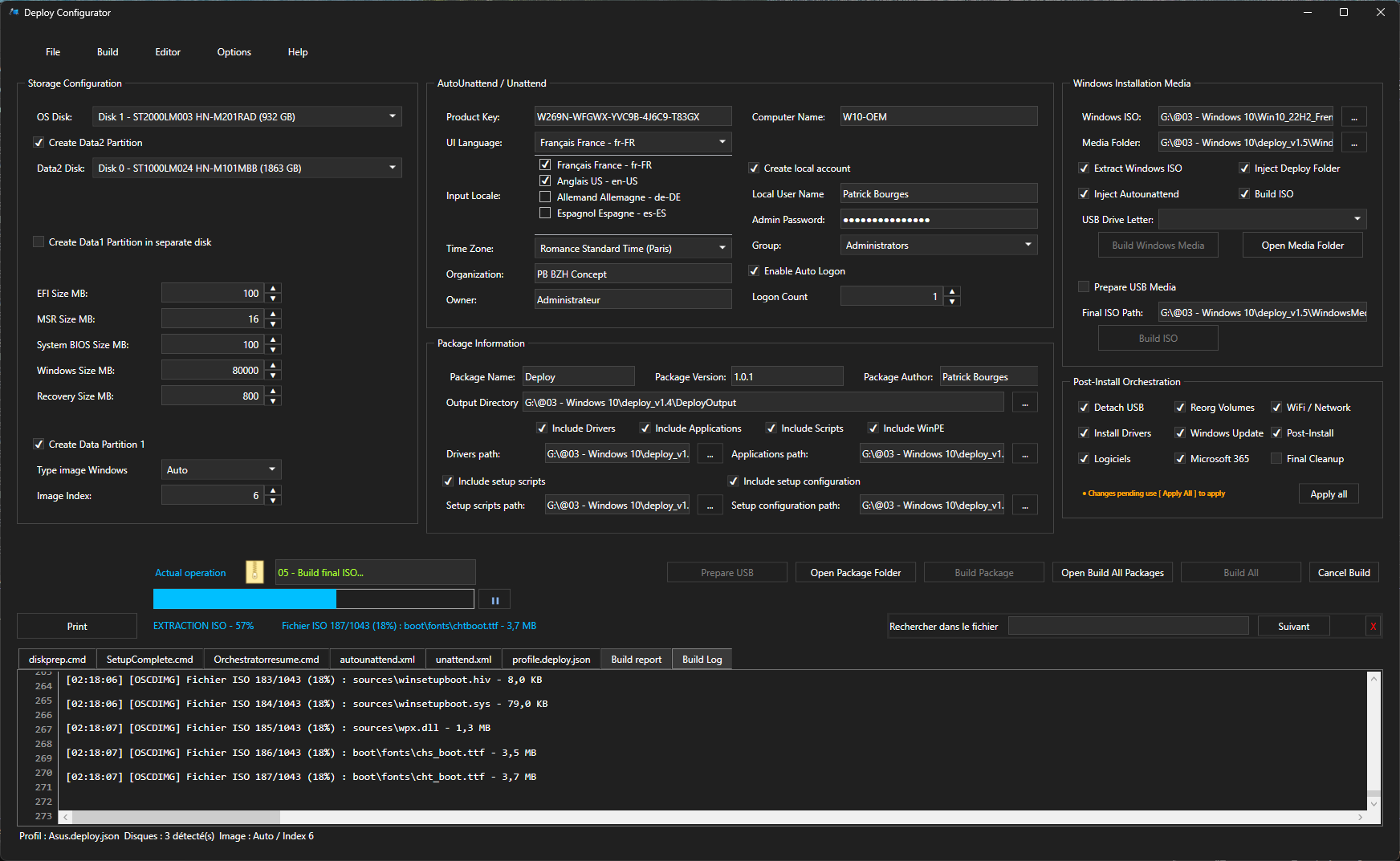 DeployConfigurator pendant la construction d’une image ISO Windows avec progression et fichier courant