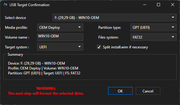 Fenêtre de confirmation et de préparation de la clé USB cible