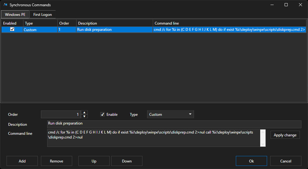 Éditeur des commandes synchrones Windows PE