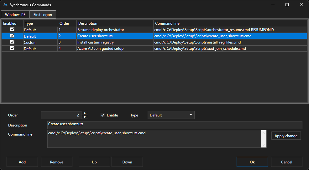 Éditeur des commandes synchrones exécutées au premier logon