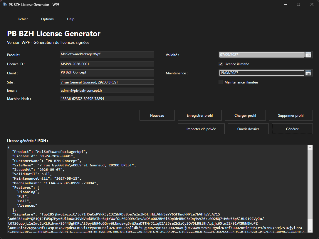 Capture de LicenseGeneratorWpf
