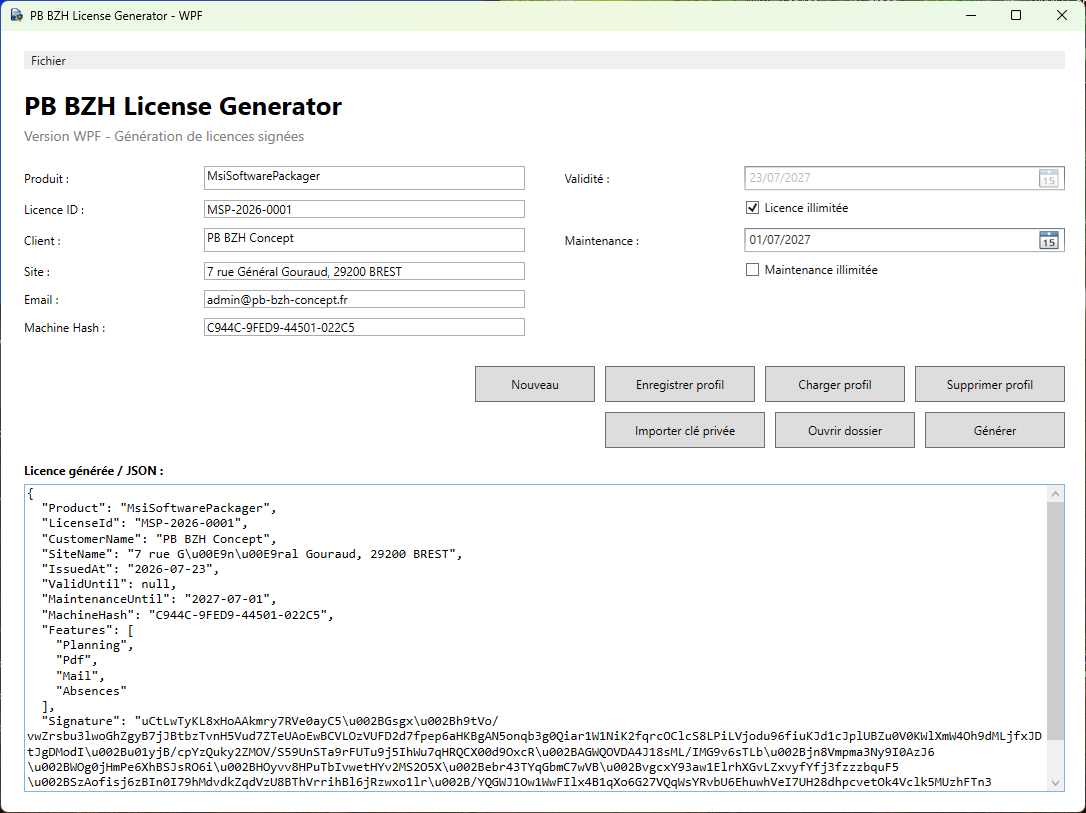 Capture de LicenseGeneratorWpf