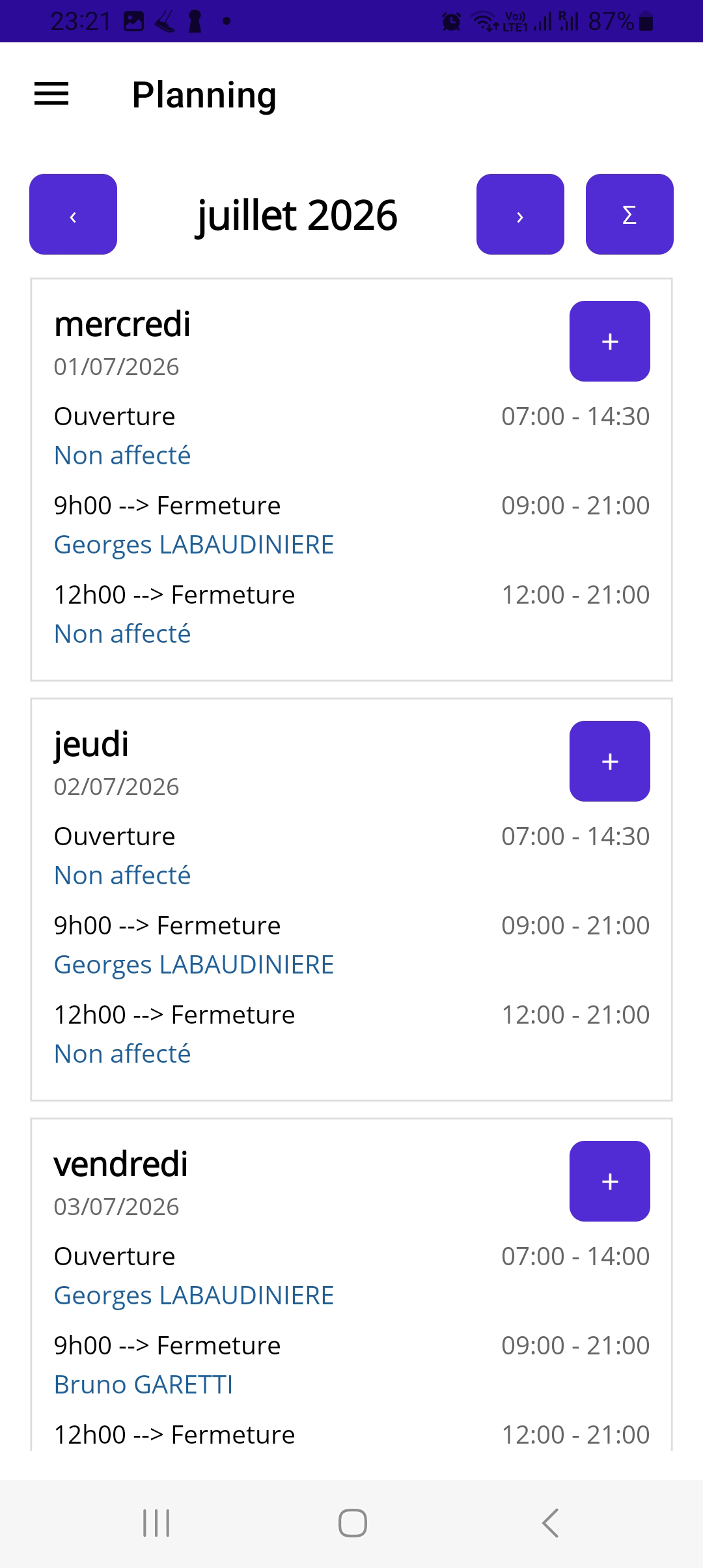 Capture de Gestion Planning Personnel Mobile