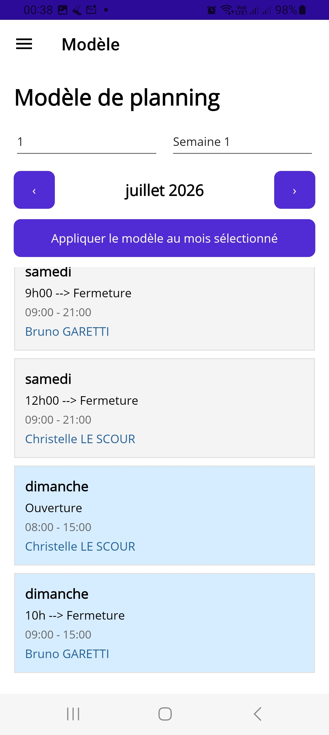 Capture de Gestion Planning Personnel Mobile